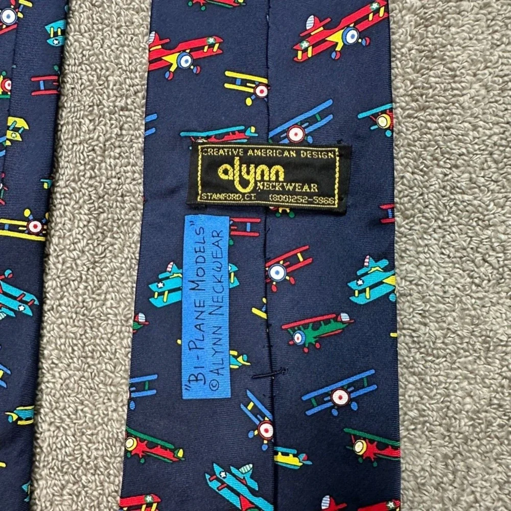 Alynn Neckwear Bi-Plane Models Silk Tie Navy Blue Aviation Airplane Made in USA
